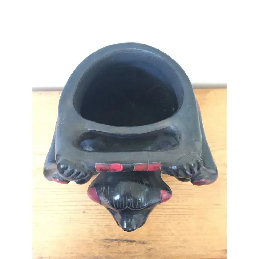 Vtg Handmade Barro Negro Black Pottery Mexican Figure Flower Vase Pot Planter